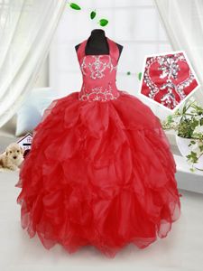 Red Halter Top Neckline Beading and Ruffles Little Girls Pageant Dress Sleeveless Lace Up