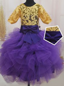 Unique Scoop Short Sleeves Lace and Ruffles and Bowknot Zipper Pageant Dress for Teens