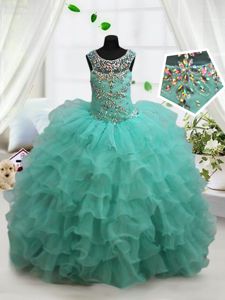 Best Ruffled Floor Length Turquoise Pageant Dress for Womens Scoop Sleeveless Lace Up