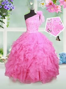 One Shoulder Sleeveless Organza Little Girls Pageant Gowns Beading and Ruffles and Hand Made Flower Lace Up