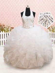 Inexpensive Ball Gowns Pageant Dresses White Halter Top Organza Sleeveless Floor Length Lace Up