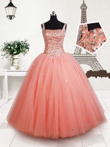 Peach Ball Gowns Straps Sleeveless Tulle Floor Length Lace Up Beading Pageant Dress for Teens