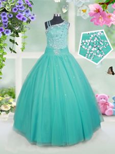Floor Length Turquoise Pageant Dress for Girls Tulle Sleeveless Beading