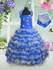Fashionable White and Blue and Blue And White Ball Gowns Organza Halter Top Sleeveless Beading and Appliques and Ruffled Layers Floor Length Lace Up Pageant Dress Toddler