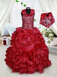 Halter Top Sleeveless Taffeta Little Girl Pageant Gowns Beading and Ruffles and Sequins Zipper