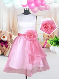 Scoop Mini Length Zipper Girls Pageant Dresses White and Pink And White and In for Quinceanera and Wedding Party with Hand Made Flower