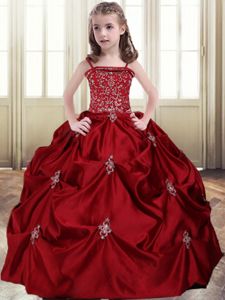 High Class Floor Length Lace Up Pageant Dress for Girls Wine Red and In for Quinceanera and Wedding Party with Beading and Pick Ups