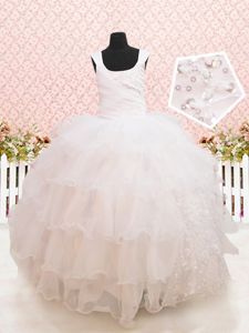 Scoop Floor Length White Pageant Dress for Girls Organza Sleeveless Beading and Ruffled Layers and Sequins