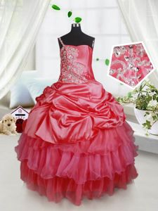Trendy Red Sleeveless Beading and Ruffled Layers Floor Length Kids Pageant Dress