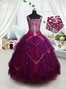 Square Beading and Ruffles and Belt Evening Gowns Dark Purple Lace Up Sleeveless Floor Length