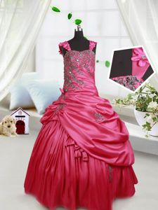Hot Pink Taffeta Lace Up Straps Sleeveless Floor Length Custom Made Pageant Dress Beading and Appliques and Pick Ups