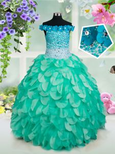Turquoise Off The Shoulder Neckline Beading and Appliques and Ruffles Winning Pageant Gowns Sleeveless Lace Up