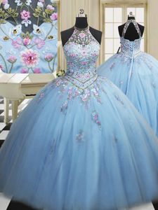 Low Price Light Blue Lace Up High-neck Embroidery Quinceanera Dress Tulle Sleeveless