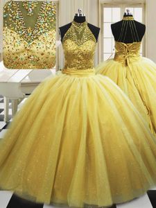 Low Price Yellow Tulle Lace Up Damas Dress Sleeveless With Train Sweep Train Beading