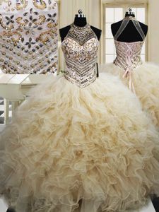 Champagne Halter Top Lace Up Beading and Ruffles 15 Quinceanera Dress Sleeveless