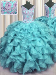 Ruffled V Neck Floor Length Ball Gowns Sleeveless Aqua Blue Quinceanera Gown Lace Up