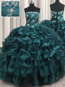 Exquisite Navy Blue Ball Gowns Appliques and Ruffles and Ruffled Layers Quince Ball Gowns Lace Up Organza Sleeveless Floor Length