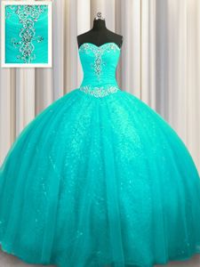 Organza and Sequined Sweetheart Sleeveless Court Train Lace Up Beading and Appliques Sweet 16 Quinceanera Dress in Aqua Blue