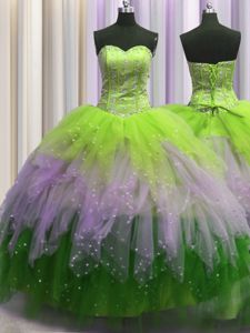 Visible Boning Floor Length Multi-color Quinceanera Dress Tulle Sleeveless Beading and Ruffles and Sequins