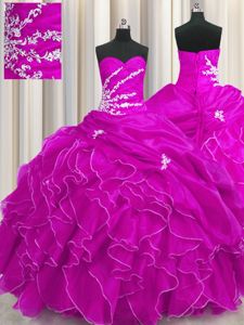 Affordable Fuchsia Lace Up Sweetheart Beading and Appliques and Ruffles 15 Quinceanera Dress Organza Sleeveless