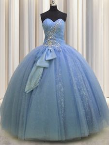 High Quality Tulle Sleeveless Floor Length Quinceanera Gown and Beading and Sequins and Bowknot