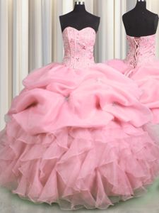Sequins Fuchsia Ball Gowns Sweetheart Sleeveless Taffeta Floor Length Lace Up Beading and Embroidery and Ruffles Quince Ball Gowns