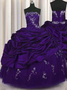 Eye-catching Purple Lace Up Strapless Beading and Embroidery and Pick Ups Quinceanera Dresses Taffeta Sleeveless