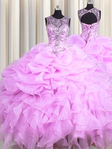 Deluxe Scoop See Through Sleeveless Floor Length Beading and Ruffles and Pick Ups Lace Up 15th Birthday Dress with Pink