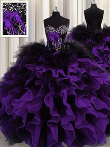 Best Selling Black And Purple Ball Gowns Organza and Tulle Sweetheart Sleeveless Beading and Ruffles Floor Length Lace Up Quinceanera Gown