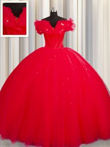 Red Tulle Lace Up Off The Shoulder Short Sleeves With Train Sweet 16 Dress Court Train Ruching