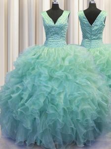 On Sale Zipper Up Light Blue V-neck Zipper Ruffles Quince Ball Gowns Sleeveless