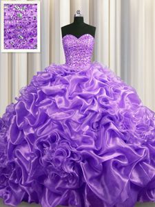 Court Train Lavender Sleeveless With Train Beading and Pick Ups Lace Up Quince Ball Gowns