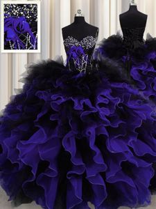 Noble Black And Purple Sleeveless Floor Length Beading and Ruffles Lace Up Quince Ball Gowns