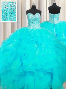 Luxurious Leopard Two Tone V Neck Sleeveless Beading and Ruffles Lace Up Vestidos de Quinceanera