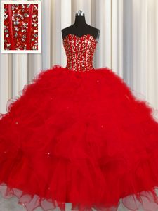 Fabulous Visible Boning Red Tulle Lace Up Ball Gown Prom Dress Sleeveless Floor Length Beading and Ruffles and Sequins