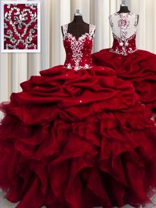 Flirting Sequins See Through Floor Length Ball Gowns Sleeveless Wine Red Sweet 16 Dresses Zipper