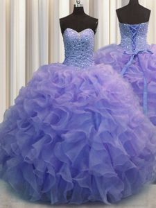 Gorgeous Blue Organza Lace Up Sweetheart Sleeveless Floor Length 15th Birthday Dress Beading and Ruffles