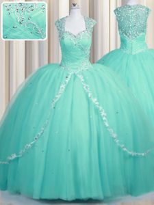 Custom Designed Aqua Blue Cap Sleeves Tulle Brush Train Zipper Quince Ball Gowns for Military Ball and Sweet 16 and Quinceanera