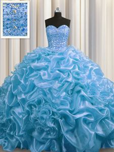 Baby Blue Organza Lace Up Sweetheart Sleeveless Floor Length Vestidos de Quinceanera Court Train Beading and Pick Ups