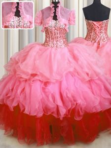 Spectacular Multi-color Ball Gowns Sweetheart Sleeveless Organza and Tulle Floor Length Lace Up Beading and Ruffles Ball Gown Prom Dress