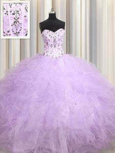 Nice Visible Boning Lavender Sleeveless Tulle Lace Up Quinceanera Gown for Military Ball and Sweet 16 and Quinceanera