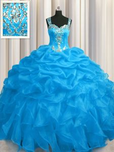 See Through Zipper Up Floor Length Blue Sweet 16 Dresses Organza Sleeveless Appliques and Ruffles