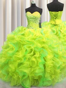Big Puffy Organza Sleeveless Floor Length Quince Ball Gowns and Beading and Appliques