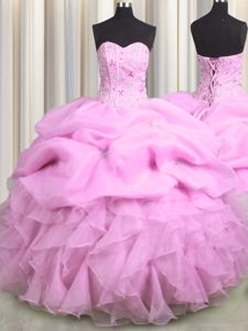 Super Visible Boning Lilac Sleeveless Floor Length Beading and Ruffles and Pick Ups Lace Up Quinceanera Dress