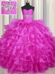 Fitting Fuchsia Ball Gowns Beading and Ruffled Layers Quinceanera Court of Honor Dress Lace Up Organza Sleeveless Floor Length