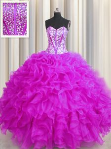 Visible Boning Sweetheart Sleeveless Quince Ball Gowns With Brush Train Beading and Ruffles Fuchsia Organza