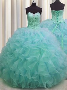 Best Green Sweetheart Neckline Beading and Ruffles Ball Gown Prom Dress Sleeveless Lace Up