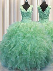 Super V Neck Zipper Up Floor Length Ball Gowns Sleeveless Green 15 Quinceanera Dress Zipper