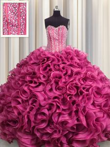 Visible Boning Ball Gowns Sweet 16 Dress Hot Pink Sweetheart Organza Sleeveless Floor Length Lace Up