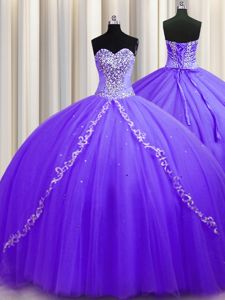 Sleeveless Tulle Sweep Train Lace Up Sweet 16 Quinceanera Dress in Lavender for with Beading